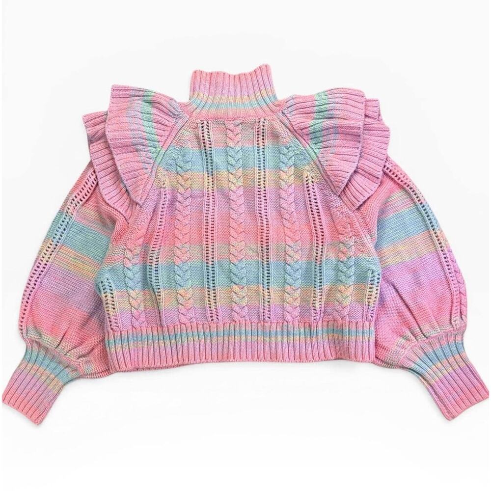 Pastel Rainbow Cable Knit Sweater XS Something Navy Ruffle Shoulder Knit Preppy - Picture 2 of 10